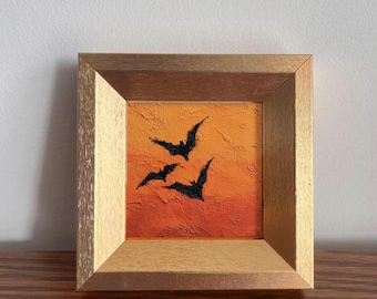 Mini Canvas Oil Painting of Bats in Gold Frame , Spooky Halloween Artwork Decor, Wall Art Gift for Him or Her, Hand-Painted Miniature Art