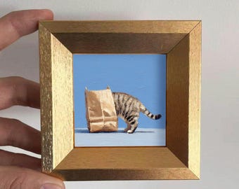 Mini Playful Cat in Paper Bag Oil Painting, Hand Painted Original Art, Gift for Cat Lover, Cozy Pet Gallery Wall Art, Commission Portrait