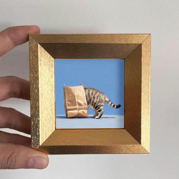 Mini chat espiègle dans un sac en papier, peinture à l'huile, oeuvre d'art originale peinte à la main, cadeau pour amoureux des chats, art mural confortable galerie pour animaux de compagnie, portrait sur commande