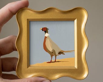 Ringneck Pheasant Oil Painting, Original Framed Wild Bird Art, Rustic Home Decor