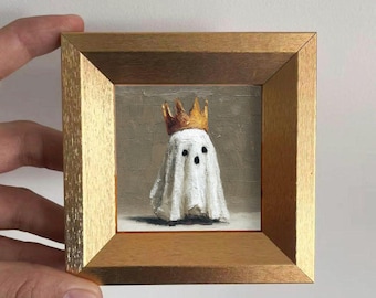 Mini dipinto a olio di un fantasma con corona in cornice dorata, arte murale spettrale e stravagante, divertente decorazione murale per Halloween, regalo artistico per lui o per lei