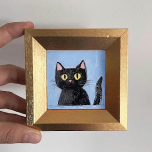 Mini peinture à l'huile de chat noir mignon, art de chat peint à la main, petit art mural, cadeau pour amoureux des chats, décoration confortable pour la maison et le bureau, décoration de bureau, art animalier