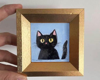 Mini Cute Black Cat Oil Painting, Hand-painted Cat Art, Small Wall Art, Cat Lover Gift, Cozy Home & Office Decor , Desk Decor,Animal Art