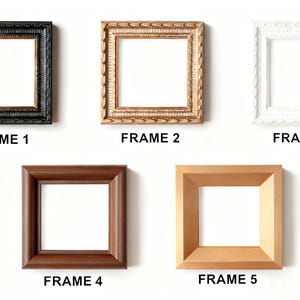 Peut inclure: Cinq cadres carr&eacute;s de diff&eacute;rentes formes et couleurs sont pr&eacute;sent&eacute;s sur un fond blanc. Les cadres comprennent des tons noirs, dor&eacute;s, blancs, bruns et bois naturel. Chaque cadre a un int&eacute;rieur blanc et est &eacute;tiquet&eacute; avec le mot "FRAME" suivi d'un num&eacute;ro.