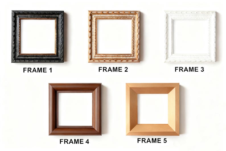 Peut inclure: Cinq cadres carr&eacute;s de diff&eacute;rentes formes et couleurs sont pr&eacute;sent&eacute;s sur un fond blanc. Les cadres comprennent des tons noirs, dor&eacute;s, blancs, bruns et bois naturel. Chaque cadre a un int&eacute;rieur blanc et est &eacute;tiquet&eacute; avec le mot "FRAME" suivi d'un num&eacute;ro.