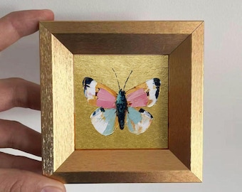 Mini Butterfly Oil Painting, Small Original Gold Leaf Artwork, Hand Painted Insect Wall Art, Nature Home Decor, Christmas Gift for Friends