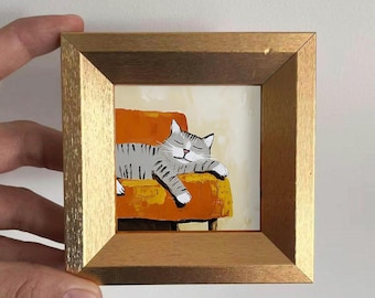 Mini Cat Oil Painting, Hand-Painted Sleeping Cat On A Sofa , Cute Art Gift for Cat Lovers, Small Nursery Wall Decor,Tiny 4X4 Office Decor