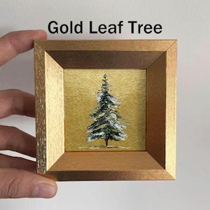 Mini Coffee and Books Oil Painting, Small Original Gold Leaf Artwork, Hand Painted Wall Art, Literary Home Decor, Christmas Gift for Friends Gold Leaf Tree