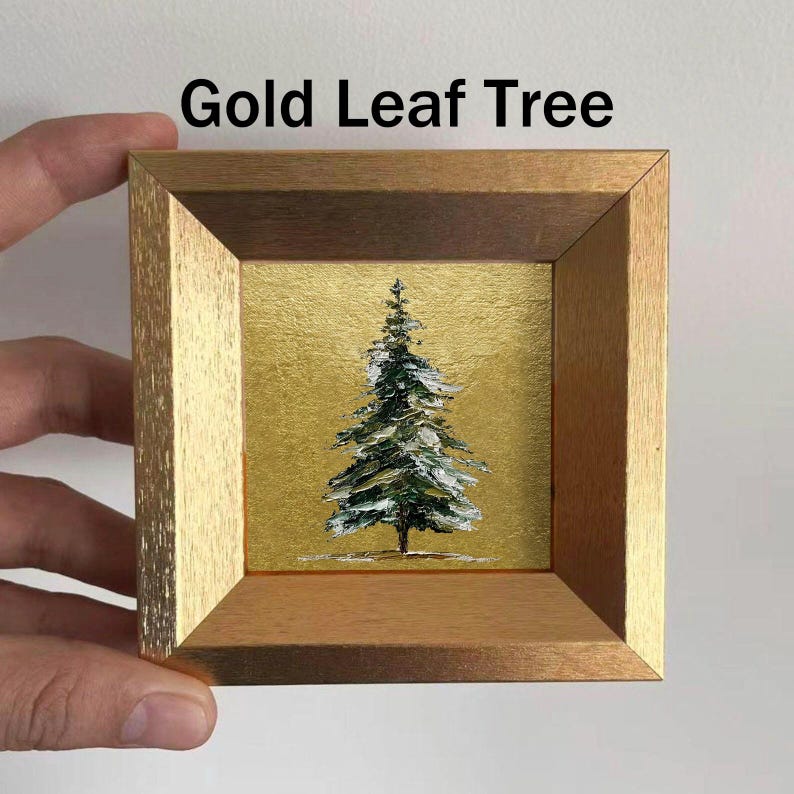 Mini Coffee and Books Oil Painting, Small Original Gold Leaf Artwork, Hand Painted Wall Art, Literary Home Decor, Christmas Gift for Friends Gold Leaf Tree