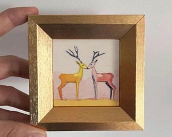 Mini Deer Pair Oil Painting, Original Hand Painted Wildlife, Gold Frame Canvas Artwork, Home Wall Art  Decor, Gift For Couple or Anniversary