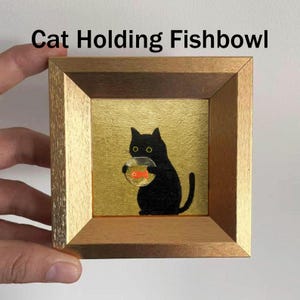 Mini Coffee and Books Oil Painting, Small Original Gold Leaf Artwork, Hand Painted Wall Art, Literary Home Decor, Christmas Gift for Friends Cat Holding Fishbowl