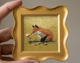 Fox Flower Original Oil Painting, Mini Gold Leaf Gallery Art, Bedroom Decor, Gift for Nature Lovers