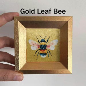 Mini Coffee and Books Oil Painting, Small Original Gold Leaf Artwork, Hand Painted Wall Art, Literary Home Decor, Christmas Gift for Friends Gold Leaf Bee