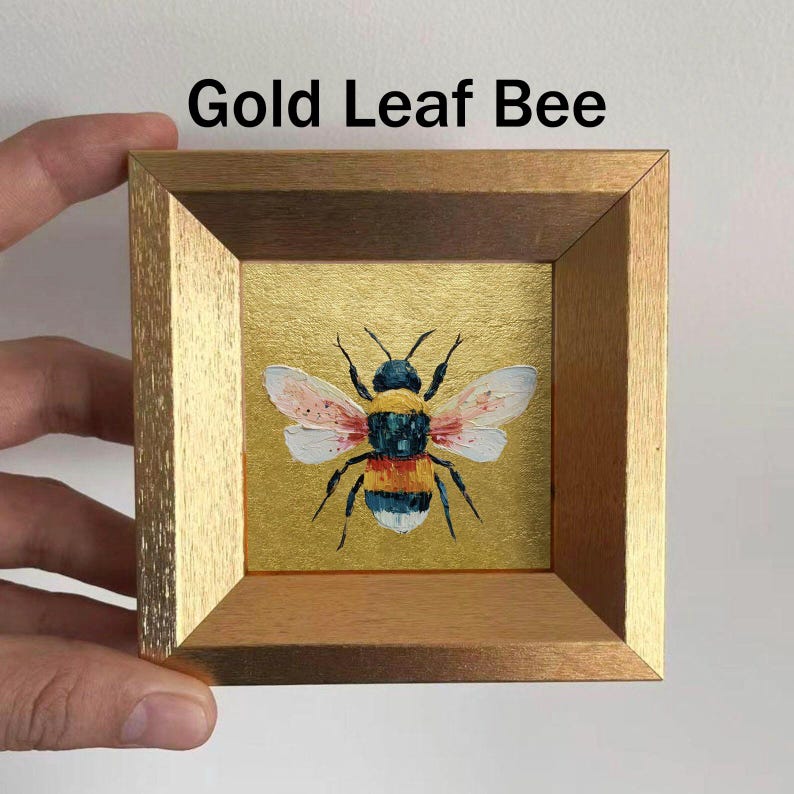Mini Coffee and Books Oil Painting, Small Original Gold Leaf Artwork, Hand Painted Wall Art, Literary Home Decor, Christmas Gift for Friends Gold Leaf Bee