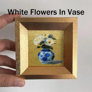 Mini Coffee and Books Oil Painting, Small Original Gold Leaf Artwork, Hand Painted Wall Art, Literary Home Decor, Christmas Gift for Friends White Flower In Vase