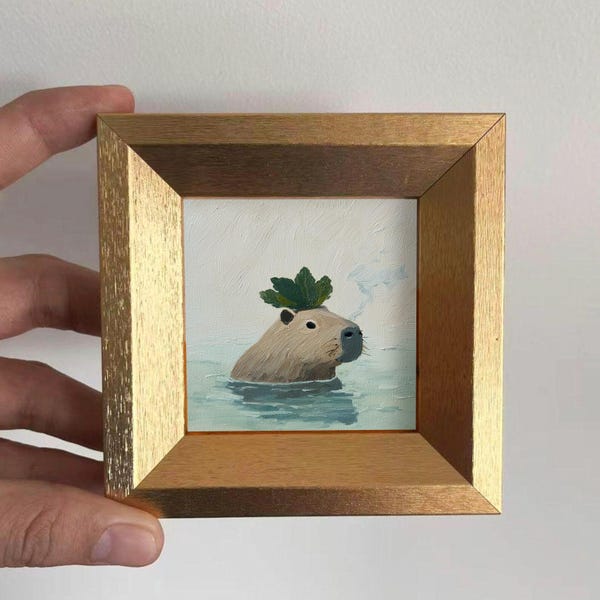Mini Original Capybara Oil Painting, Small Hand Painted Animal Art, Bathroom Wall Decor, Gift for Pet Lover, Gold Framed Artwork