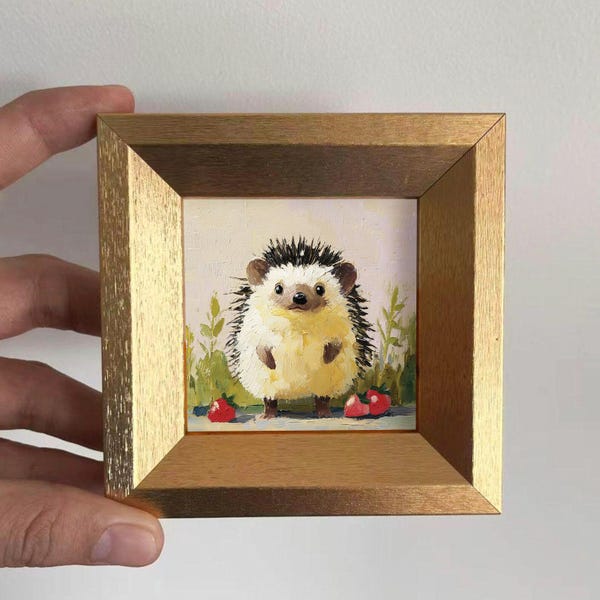 Mini Hedgehog Oil Painting, Original Hand Painted Animal Art, Small Woodland Wall Decor, Cute Gift for Kids or Nature Lovers