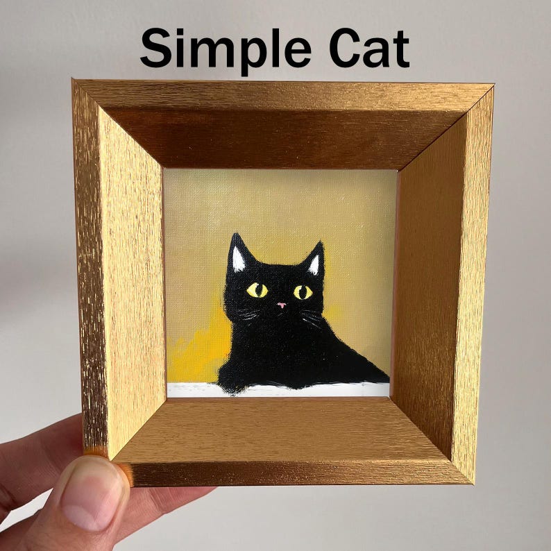 Mini rolig kattoljemålning, litet originalkonstverk, väggkonst i guldram, present till kattälskare, juldekoration, handmålat porträtt bild 18