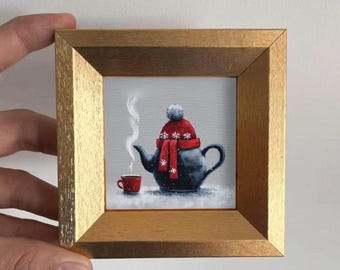 Mini-waterkoker olieverfschilderij, origineel stilleven, kleine handgeschilderde muurkunst decor, gezellige vakantie keuken kunstwerk, kerstcadeau voor vrienden