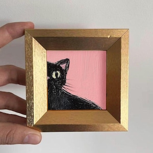 Mini peinture à l'huile de chat noir mignon, art de chat peint à la main, petit art mural, cadeau pour amoureux des chats, décoration confortable pour la maison et le bureau, décoration de bureau, art animalier