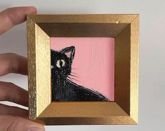 Mini Cute Black Cat Oil Painting, Hand-painted Cat Art, Small Wall Art, Cat Lover Gift, Cozy Home & Office Decor , Desk Decor,Animal Art