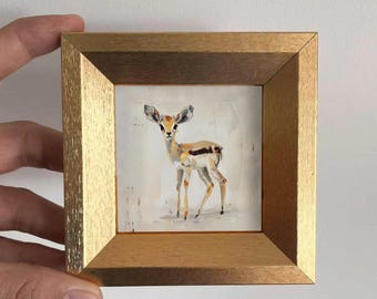 Mini Deer Oil Painting-Cute Forest Animal Artwork in Golden Frame-Hand-Painted Wall Art Baby Room Decor-Gift For Animal Lover