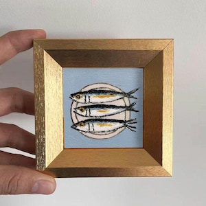 Small Sardine Fish Wall Art, Hand Painted Oil Painting with Gold Frame, Kitchen Decor Gift for Foodie & Seafood Lover, Coastal Mini Artwork