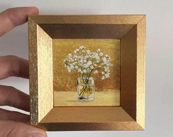 Mini Baby’s Breath Oil Painting, Original Hand Painted, White Flower Still Life, Gold Background Wall Art Decor, Christmas Gift for Friend