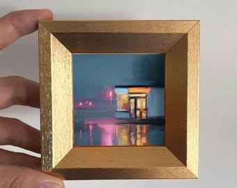 Mini Rainy Night Street Shop Oil Painting, Small Original Night Art, Hand Painted Abstract Artwork,  Wall Art Decor,Valentine Gifts