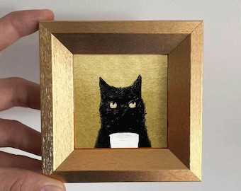 Mini Cat Oil Painting, Small Original Artwork, Gold Leaf Frame Wall Art, Cat Lover Gift, Christmas Home Decor,Custom Hand Painted Portrait