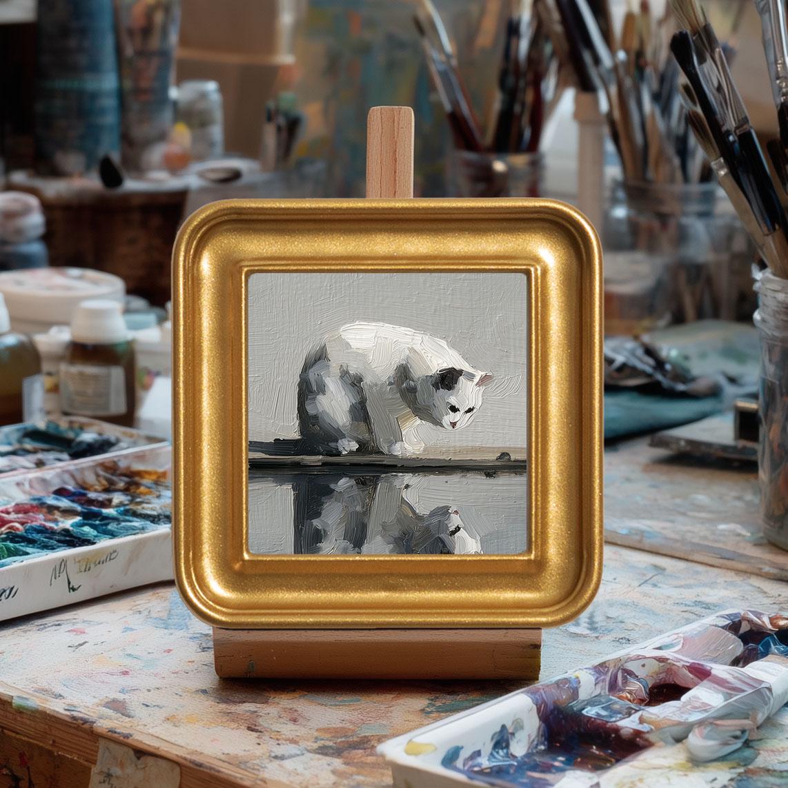 Water Cat Original Oil Painting, Mini Framed Wall Art, Hand Painted ...