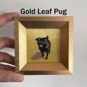 Mini Coffee and Books Oil Painting, Small Original Gold Leaf Artwork, Hand Painted Wall Art, Literary Home Decor, Christmas Gift for Friends Gold Leaf Pug