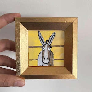 Whimsical Donkey Mini Art, Hand-painted Donkey in Fence, Farm Animal Wall Decor, Cute Animal Painting, Small Framed Art, Desk Decor