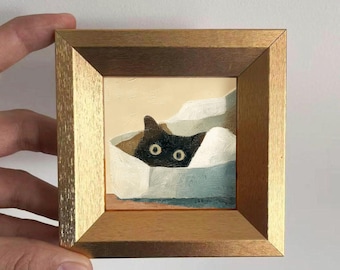 Mini peinture à l'huile drôle de chat noir : décoration d'art murale de salon, cadeau portrait de chaton 4 x 4