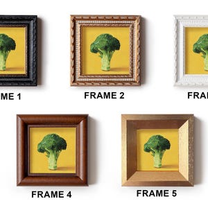 May include: Five framed art prints featuring a broccoli still life on a yellow background. Frames vary in style: black, ornate brown, white, dark brown, and gold. Each frame is labeled with the word "FRAME" and a number.