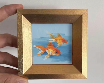 金魚の絵画イラスト 6 x 6 小さな魚 オイルパステルマーカー 水彩