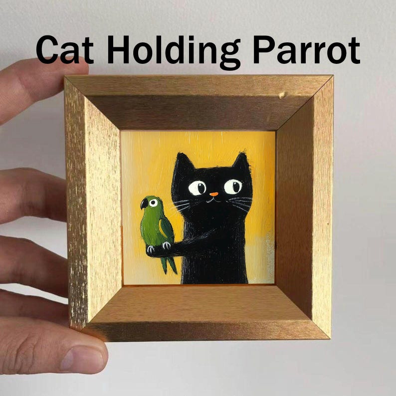 Mini rolig kattoljemålning, litet originalkonstverk, väggkonst i guldram, present till kattälskare, juldekoration, handmålat porträtt bild 12