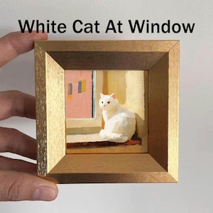 Mini Back View Tuxedo Cat At Window Oil Painting, Original Kitten Artwork, Hand Painted Animal Wall Art, Gift for Cats Lover, Pet Portrait White Cat At Window