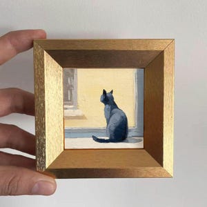 Mini Gray Cat At Window Oil Painting, Original Kitten Artwork, Hand Painted Animal Wall Art, Gift for Cats Lover, Custom Pet Portrait