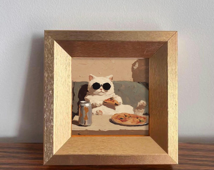 Mini Cool Cat Oil Painting in Gold Frame,Hand Painted Kitty, Gift for Cat Lovers and Pet lovers,Small Wall Decor For Home,Office and Nursery