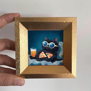 Mini Black Cat Oil Painting in Gold Frame,Hand-Painted Gift for Cat Lovers and Pet lovers,Small Wall Decor For Home,Office and Nursery
