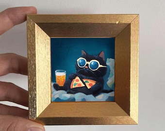 Mini Black Cat Oil Painting in Gold Frame,Hand-Painted Gift for Cat Lovers and Pet lovers,Small Wall Decor For Home,Office and Nursery