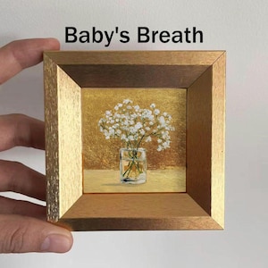Mini Coffee and Books Oil Painting, Small Original Gold Leaf Artwork, Hand Painted Wall Art, Literary Home Decor, Christmas Gift for Friends Baby's Breath
