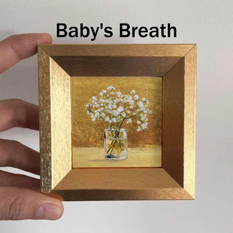 Mini Coffee and Books Oil Painting, Small Original Gold Leaf Artwork, Hand Painted Wall Art, Literary Home Decor, Christmas Gift for Friends Baby's Breath