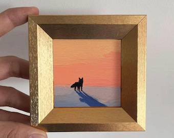 Mini Sunset Fox Oil Painting, Original Hand Painted Wildlife, Small Wall Art Decor, Still Life Animal, Gold Frame Artwork, Gift for Friends