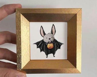 Mini Cute Bat Oil Painting  in Gold Frame , Spooky Halloween Artwork Decor, Wall Art Gift for Him or Her, Hand-Painted Miniature Art