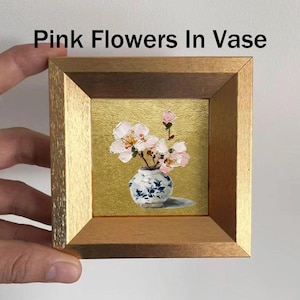 Mini Coffee and Books Oil Painting, Small Original Gold Leaf Artwork, Hand Painted Wall Art, Literary Home Decor, Christmas Gift for Friends Pink Flowers In Vase