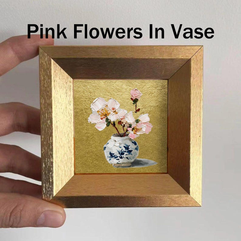 Mini Coffee and Books Oil Painting, Small Original Gold Leaf Artwork, Hand Painted Wall Art, Literary Home Decor, Christmas Gift for Friends Pink Flowers In Vase