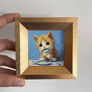 Original Cat Oil Painting: Living Room Wall Art Decor, 4X4  Kitty Portrait Gift
