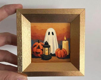 Mini dipinto ad olio di fantasma - Ritratto spettrale di fantasma in cornice dorata - Decorazione murale di Halloween dipinta a mano - Regalo per gli amanti delle decorazioni di Halloween
